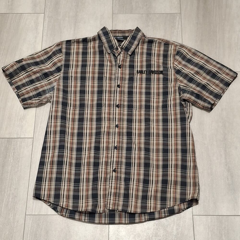 Harley Davidson Men XL Plaid Short Sleeve Shirt Embroidered Logo Button Up